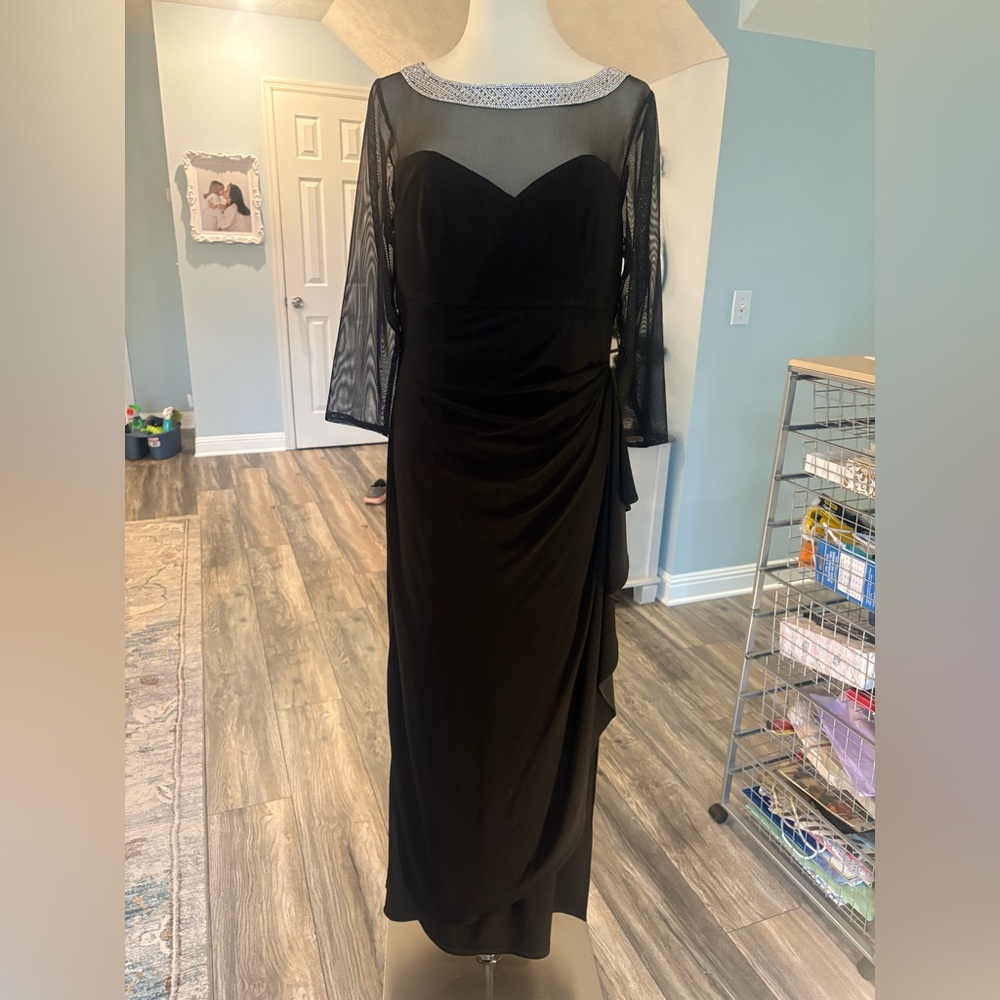 Alex Evenings Black Sheer-Sleeve Evening Gown with stunning boat neck.